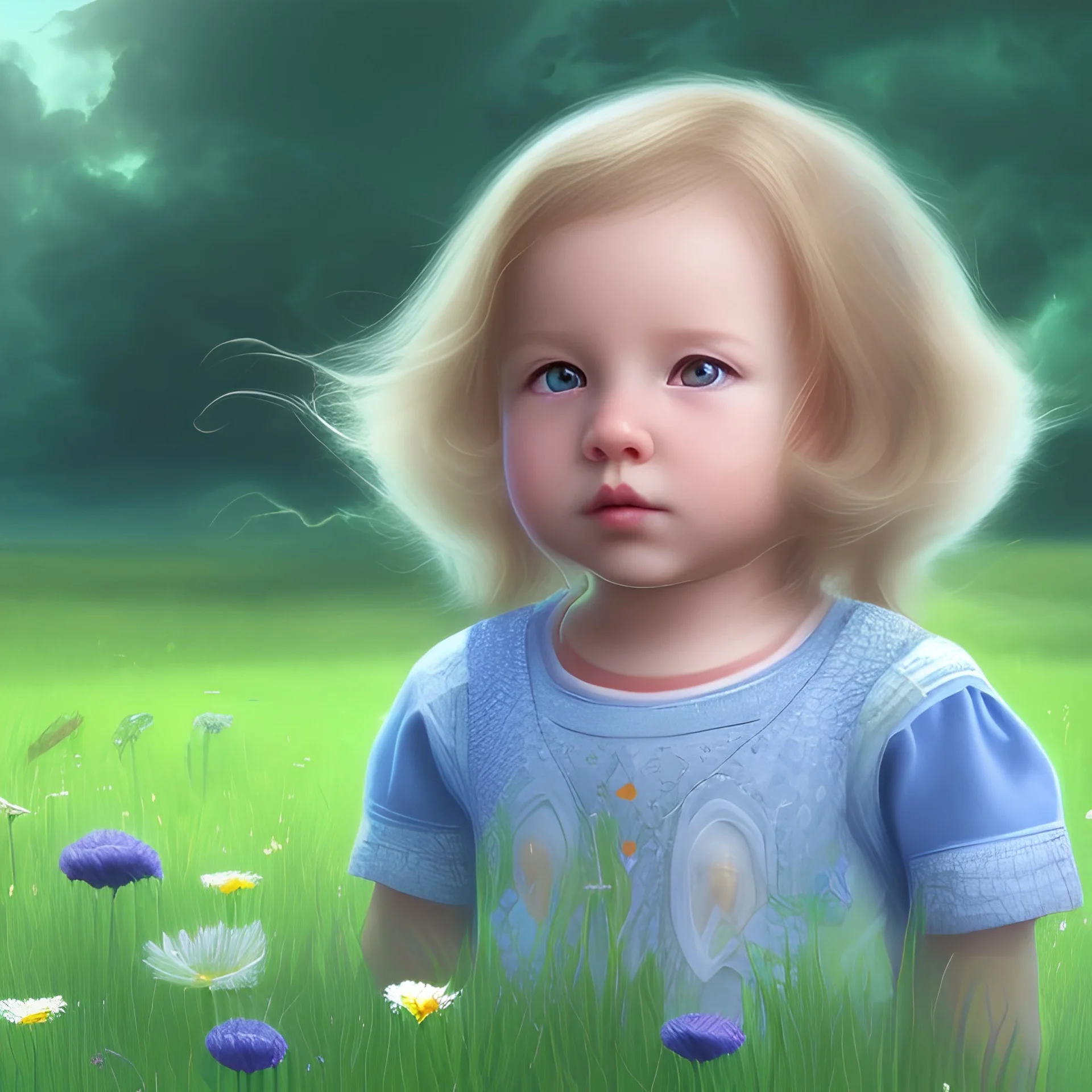 child on green field with bleu sky