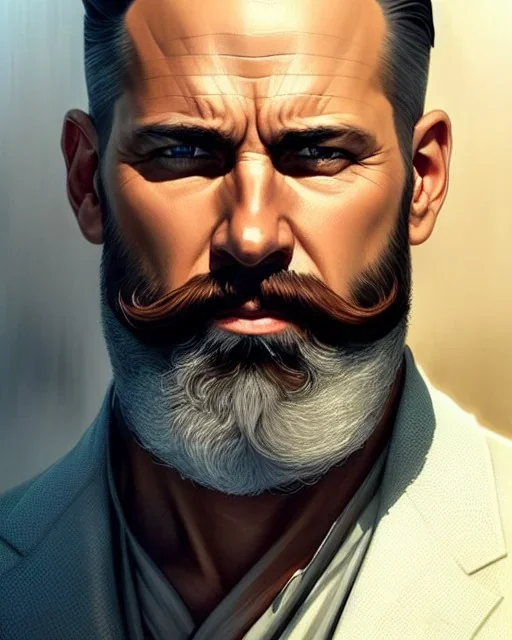 "MIddle aged white human male, with a trimmed but uneven beard, piercing eyes with slick back hair, full-scale head and shoulders portrait, 8k resolution concept art portrait by Greg Rutkowski, Artgerm, WLOP, Alphonse Mucha dynamic lighting hyperdetailed intricately detailed Splash art trending on Artstation triadic colors Unreal Engine 5 volumetric lighting Splash art fantasy"