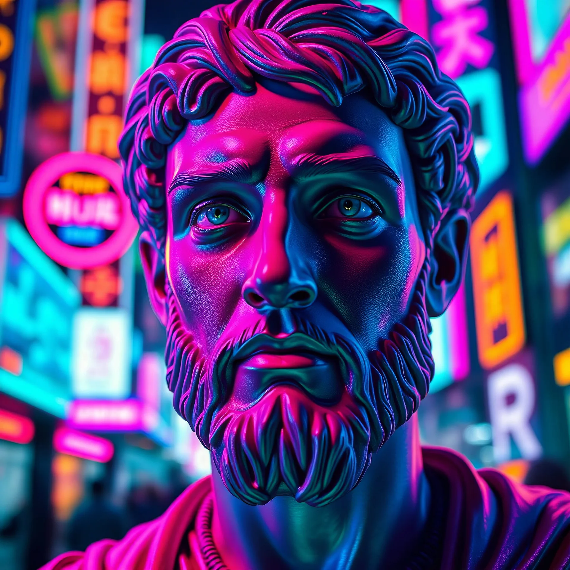 A close up of cyberpunk futuristic Marcus Aurelius with a hopeful facial expression but still relaxed face. The scene is illuminated by neon lights in bright, saturated colors like electric blue, neon pink, and vivid purple. The background is a blurred cityscape filled with glowing signs and holograms, adding to the cyberpunk atmosphere