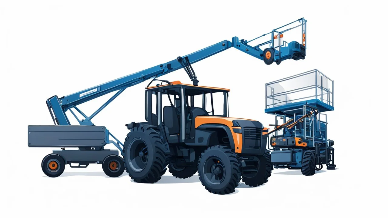 a generic Boom-lift, tractor and scissor-lift on a white background. Smooth vector