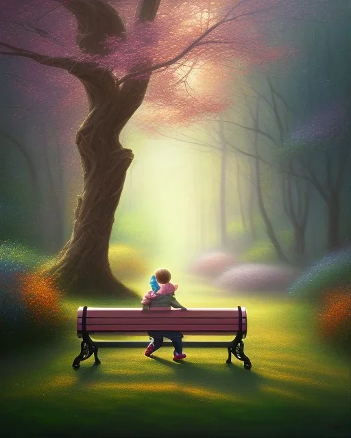 park mystical dream, park bench, man, woman, child, dog, trees, path, bird, sunshine, mystical, fantasy, romanticism, pastel colors, daylight, daytime, acrylic painting, detailed, soft focus,