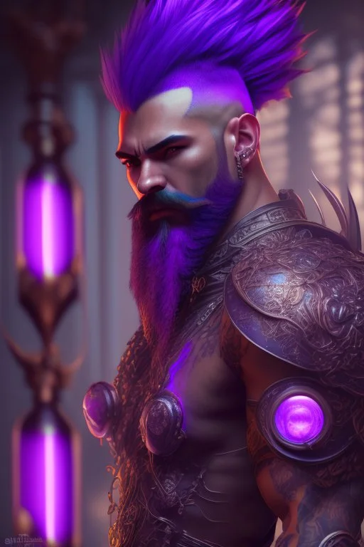 photorealistic warrior, hyperdetailed painting, luminism, Bar lighting, complex, purple mohawk, 4k resolution concept art, Artgerm, WLOP, Alphonse Mucha, 3d render, octane render, intricately detailed, cinematic, awesome full color, hand drawn, dark, gritty, cinematic, purple beard, wyvern