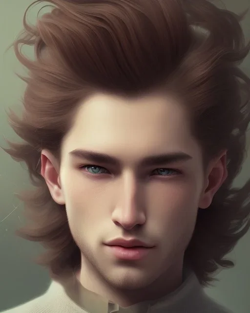 boy, cute, young, brown hair, green eyes, medium hair, close up, head and shoulders portrait, head and shoulders portrait, 8k resolution concept art portrait by Greg Rutkowski