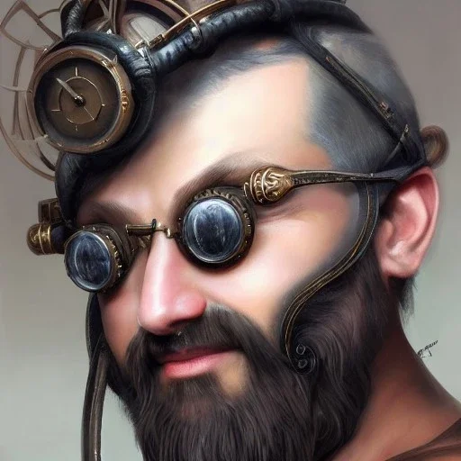 a _ fantasy _ style _ portrait _ painting _ of beautiful white male dwarf black hair short head smirk round face steampunk goggles rpg dnd oil _ painting _ unreal _ 5 _ daz. _ rpg _ portrait _ extremely _ detailed _ artgerm _ greg _ rutkowski _ greg