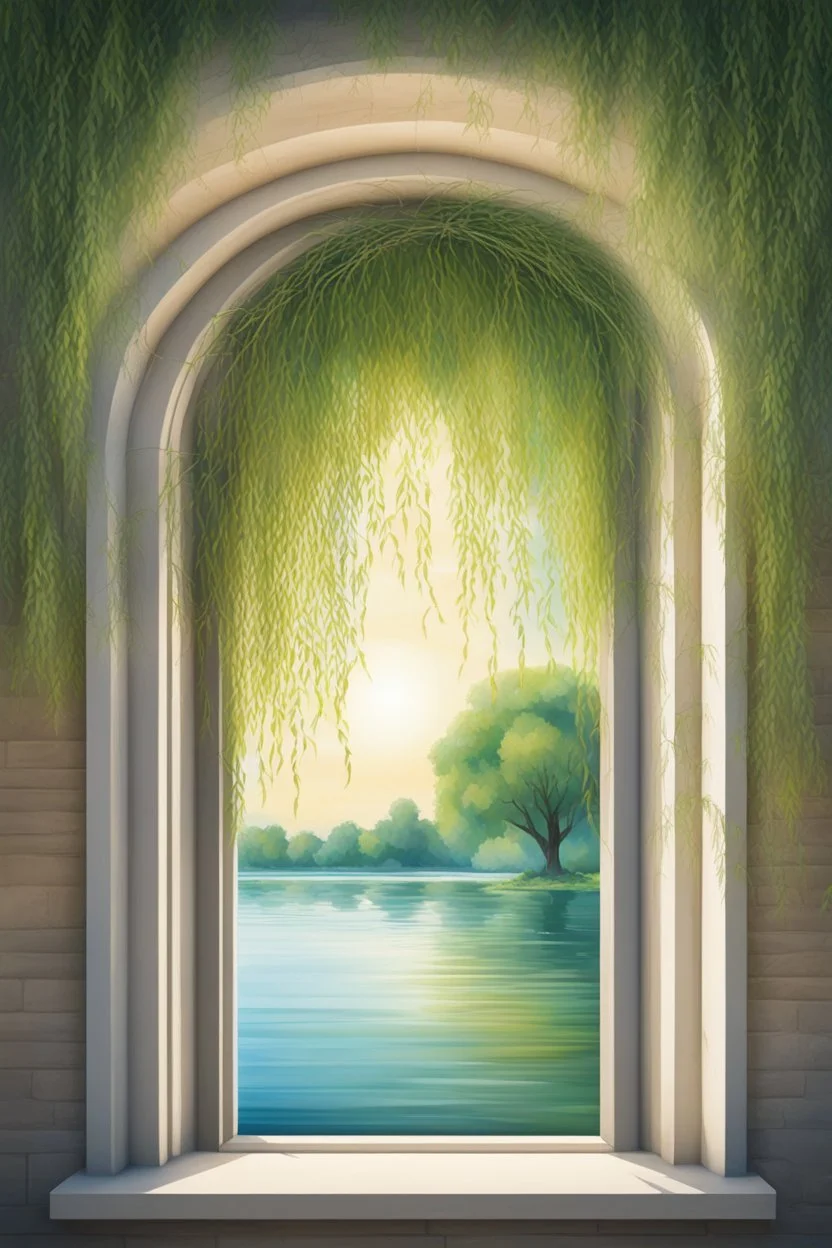 Colorful Logo of a pretty willow tree with long green hanging branches, standing outside a square window with an arch, emphasize the window and arch, serene tranquil background with a body of water.