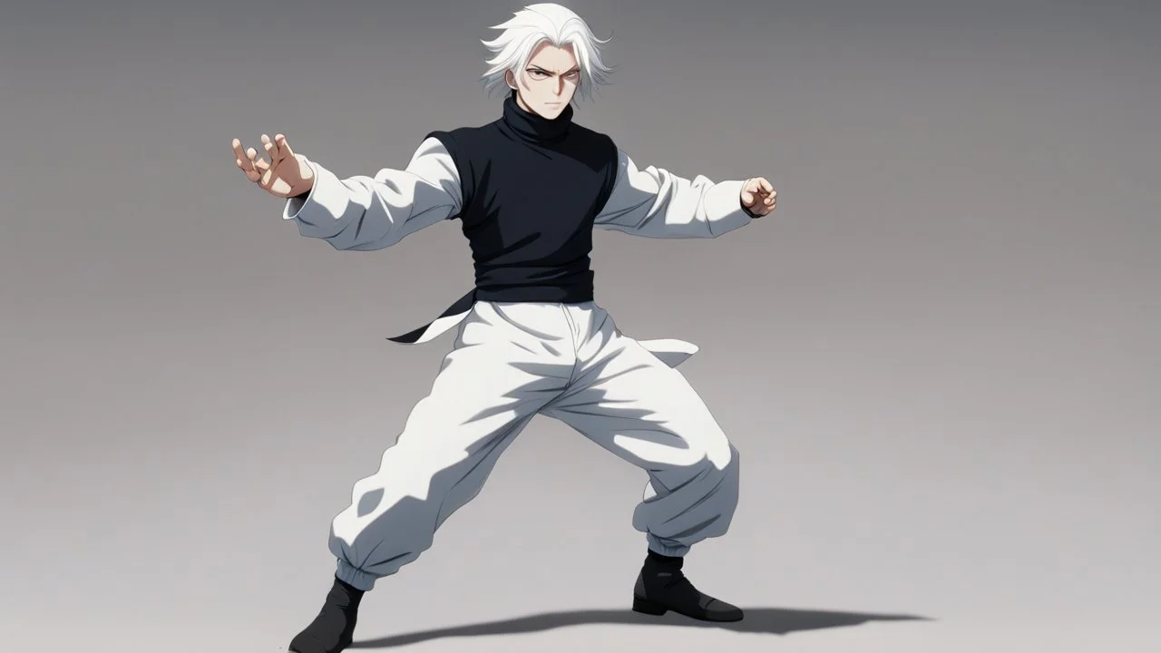 Satoru Gojo is a young guy white hair blue eyes black turtleneck without arms white loose pants in a defensive pose