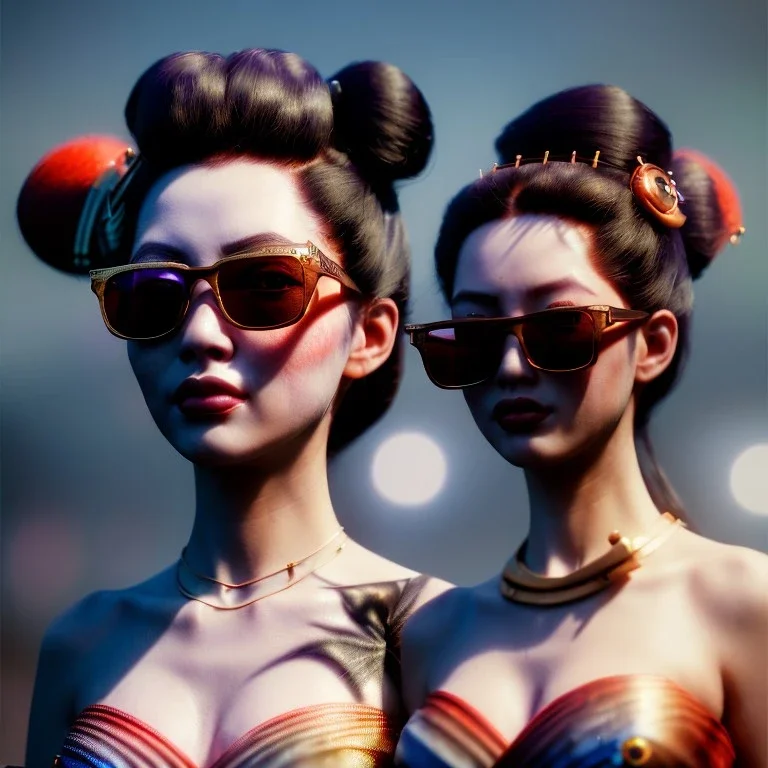 Ultra Realistic photo, medium shot view, geisha women, carnival scene, futuristic steampunk. hair monster, Drunken, Sunglasses, smoking, happy, hot. Cabaret background, highly detailed, concept art, unreal engine 5, ray tracing, RTX, lumen lighting, ultra detail, volumetric lighting, 3d, finely drawn, high definition, high resolution.