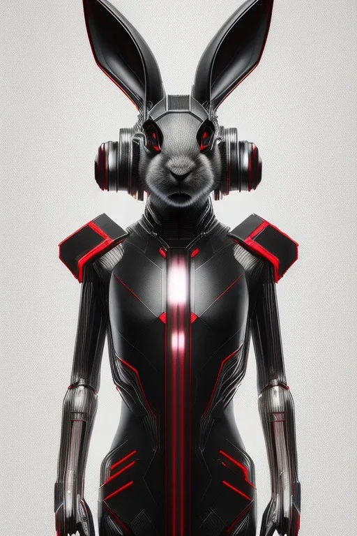 MCU Portrait, Front image, cyberpunk rabbit woman, mask, black red color, latex dress, highly detailed, concept art, smooth, unreal engine 5, god rays, ray tracing, RTX, lumen lighting, ultra detail, volumetric lighting, 3d, finely drawn, high definition, high resolution.