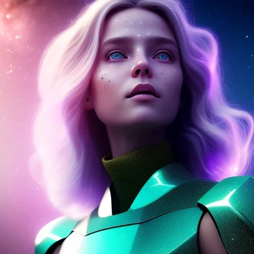 A portrait of a transparent crystalline girl,smiling, longs blond hairs, green eyes, galactic dress, atmospheric, realistic, cinematic lighting, octane render, purple and blue sky, nebula, stars, planets in background, spaceship in background