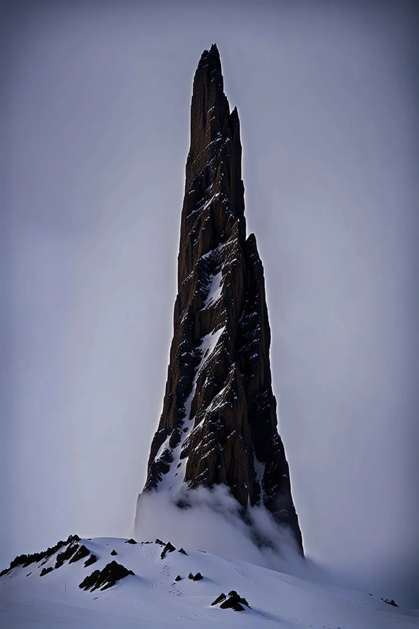 looking up at one single mountain pillar sharp snowy face rises out of the mist into the night sky.