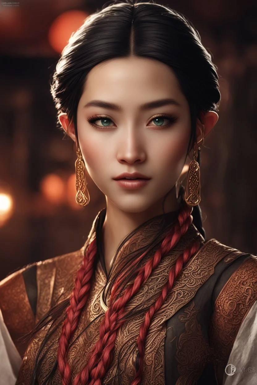 beautiful oriental female elf with pointed ears and long black braids