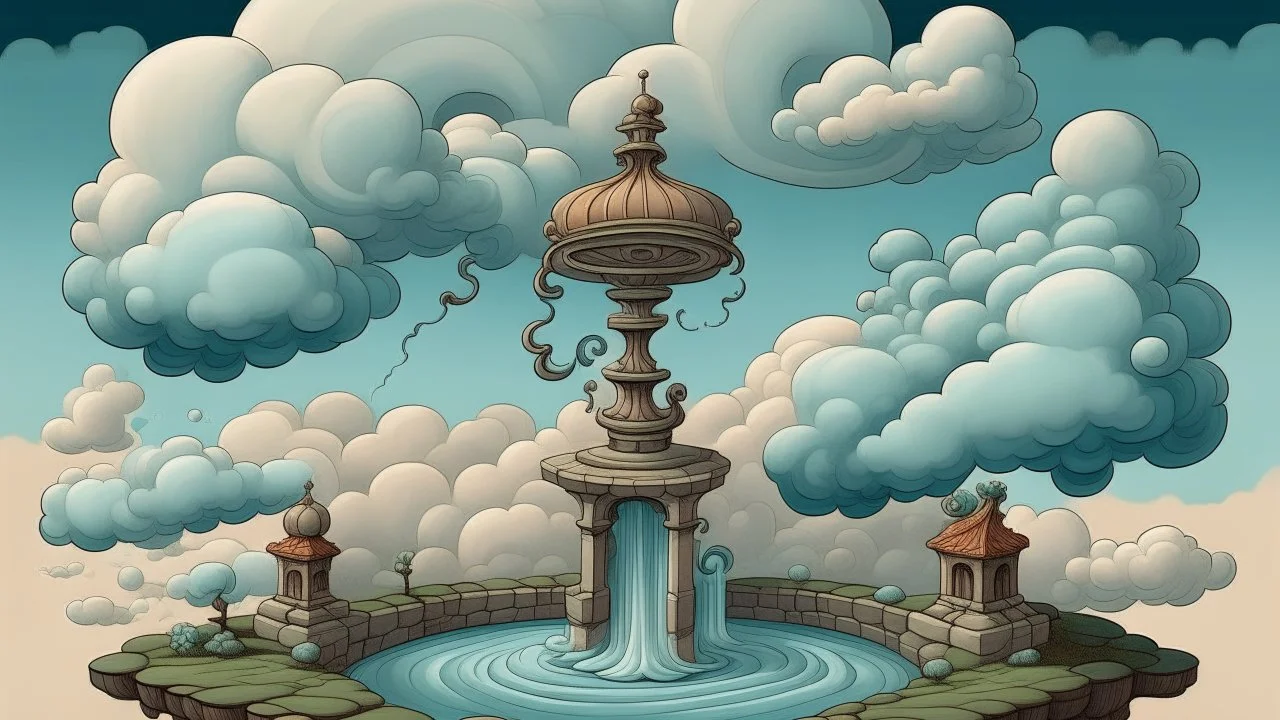 Dreamy mythological illustration with the water well in the clouds