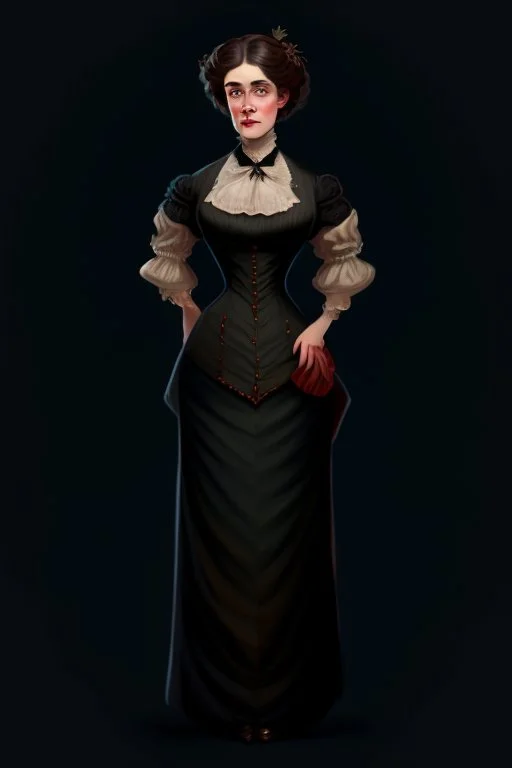 warm but stern aunty victorian era, posh british accent influenced, high born facial features dnd character on a solid black background, full body image, high quality realistic.