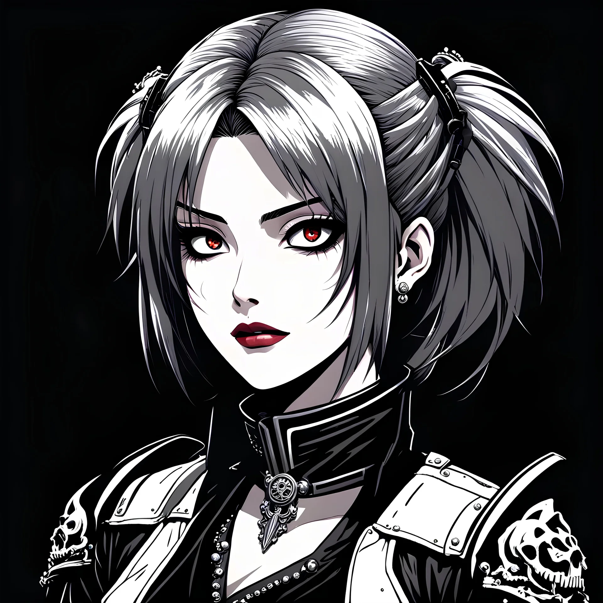 front face,profile picture,2dcg,anime art style,black and white color,princess hair cut ghoul biker lady,pure black color background,gore,violence,Decapitation,dismemberment,disturbing,Monster,guts,morbid,mutilation,sacrifice,butchery,meathooks,no hands,do not draw hands