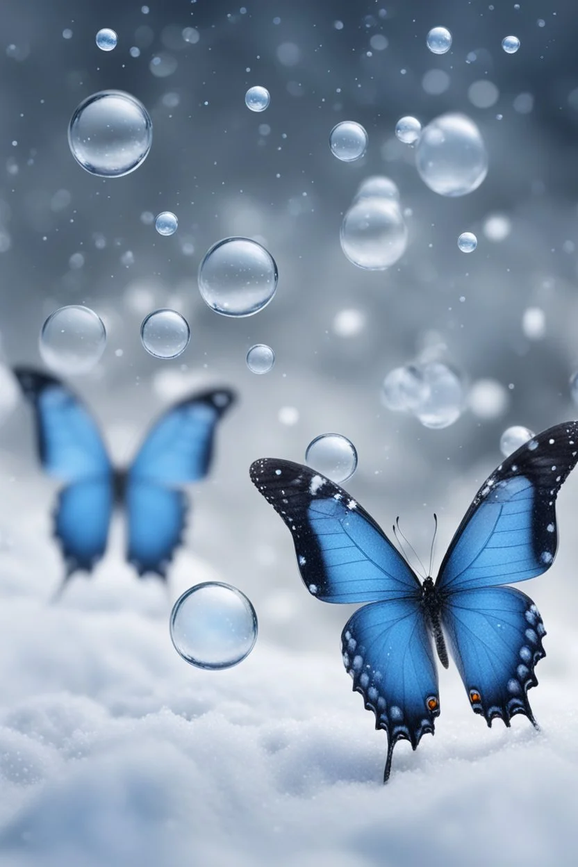 Blue butterflies and bubbles in the snow