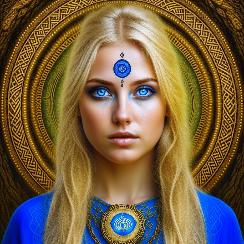 Blue eyed traditional blonde pagan woman art with with runes and nature