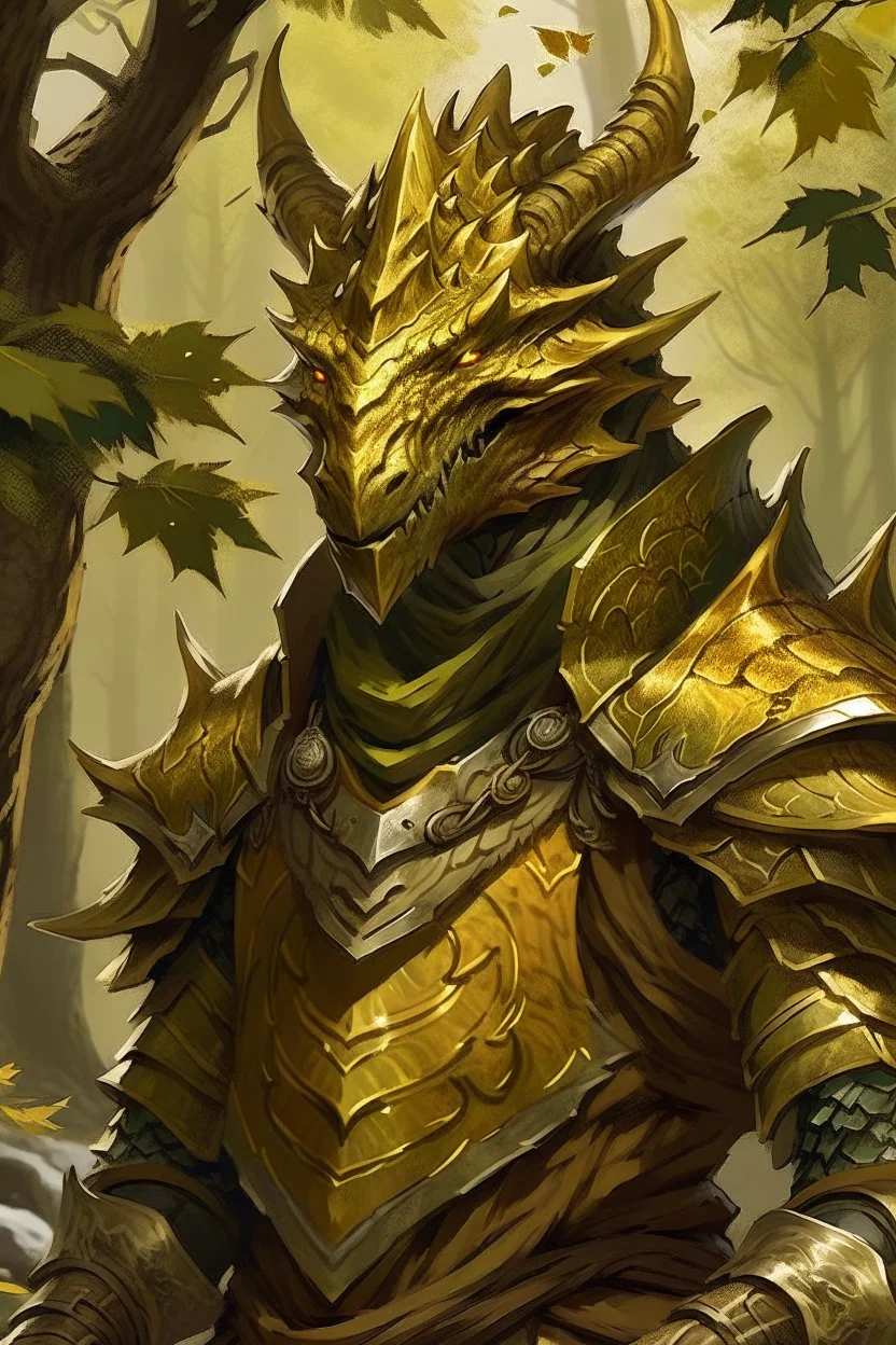 Dragonborn DnD, golden, friendly face, tree knight