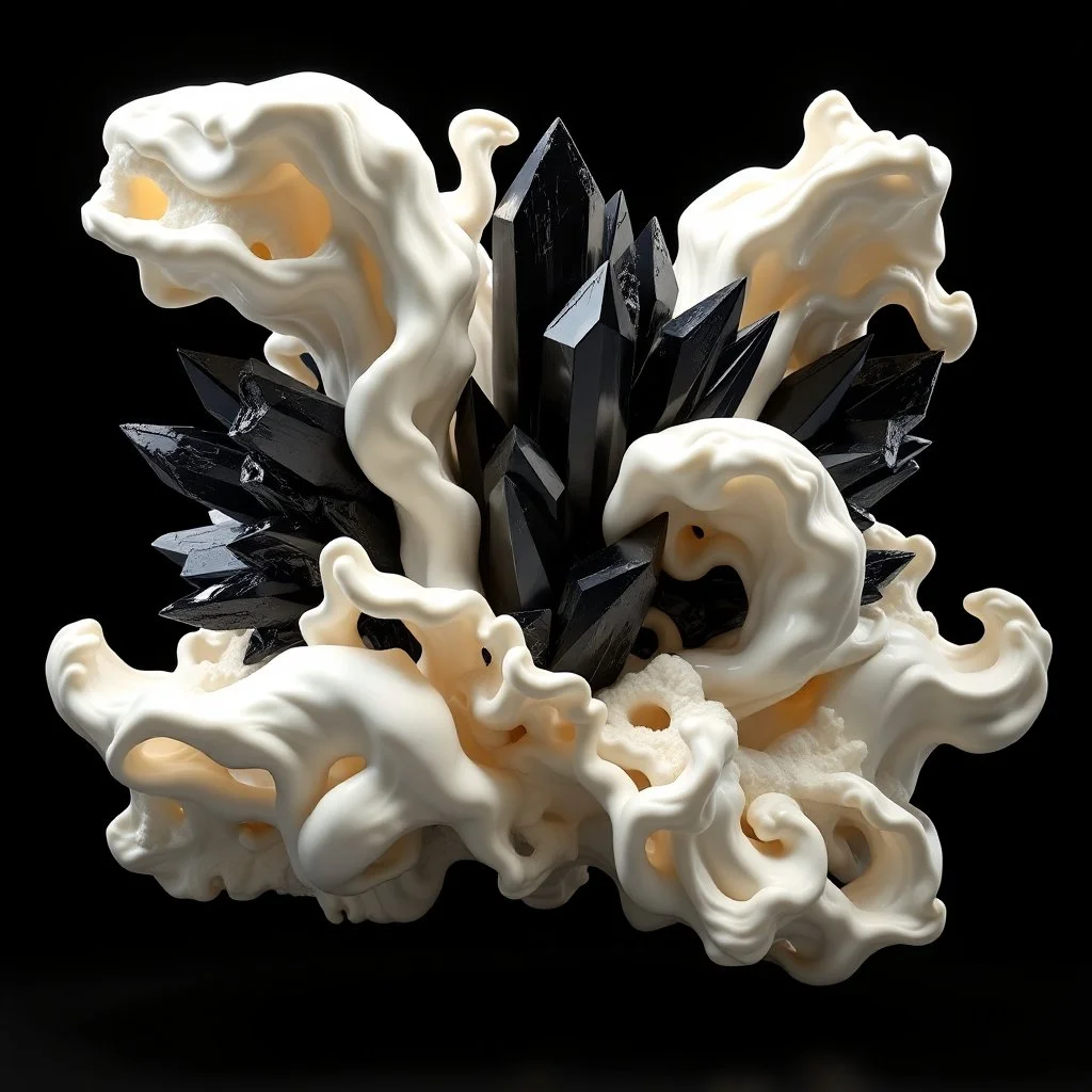 Ultra-detailed surreal biomorphic 3D gallery sculpture of soft ivory organic forms violently contrasted with sharp black obsidian crystal structures, dramatic high-end museum lighting, strong chiaroscuro, floating composition, Octane render, ultra photorealistic, 8k, luxury fine art installation