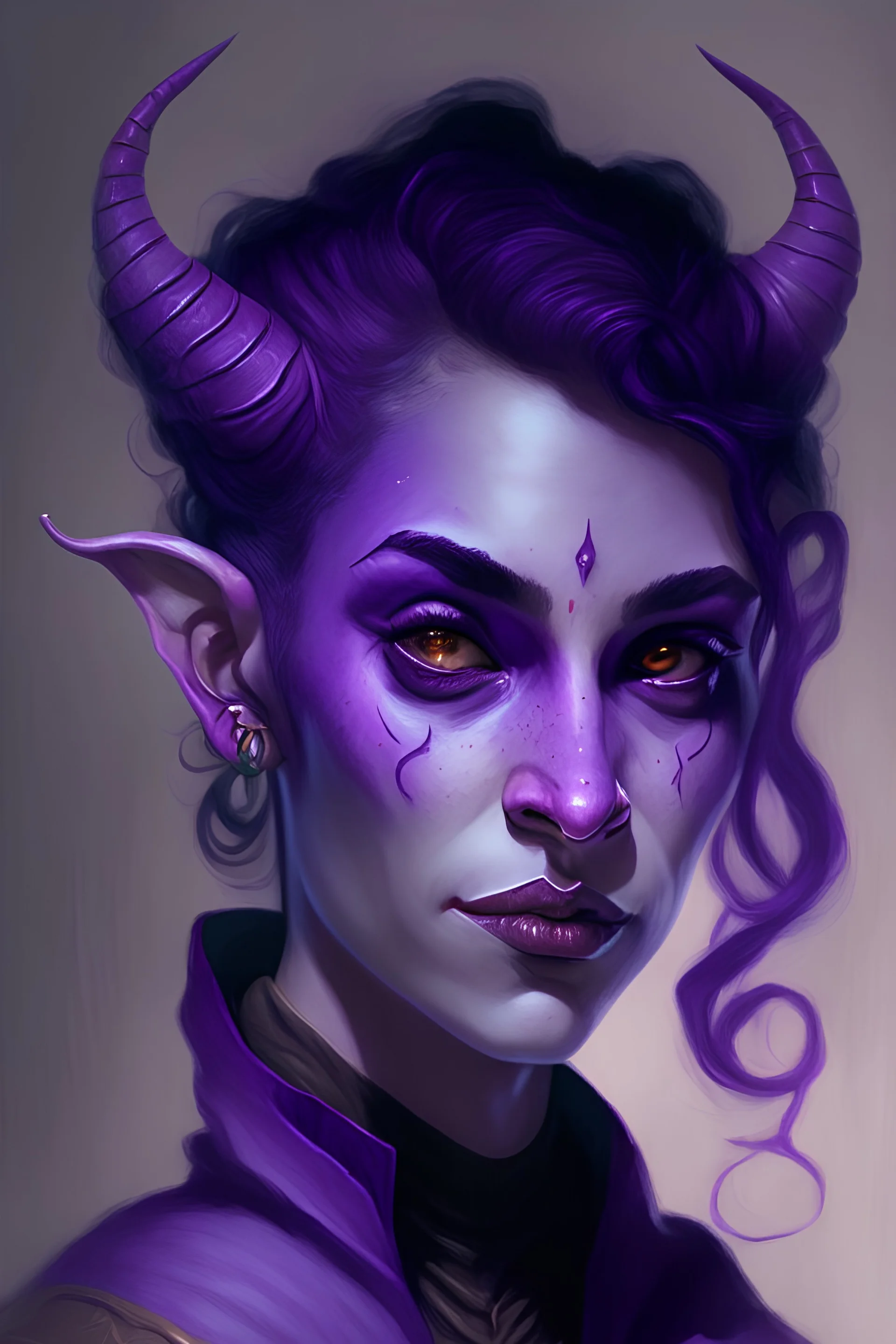 Portrait of a young, beautiful tiefling woman with purple skin