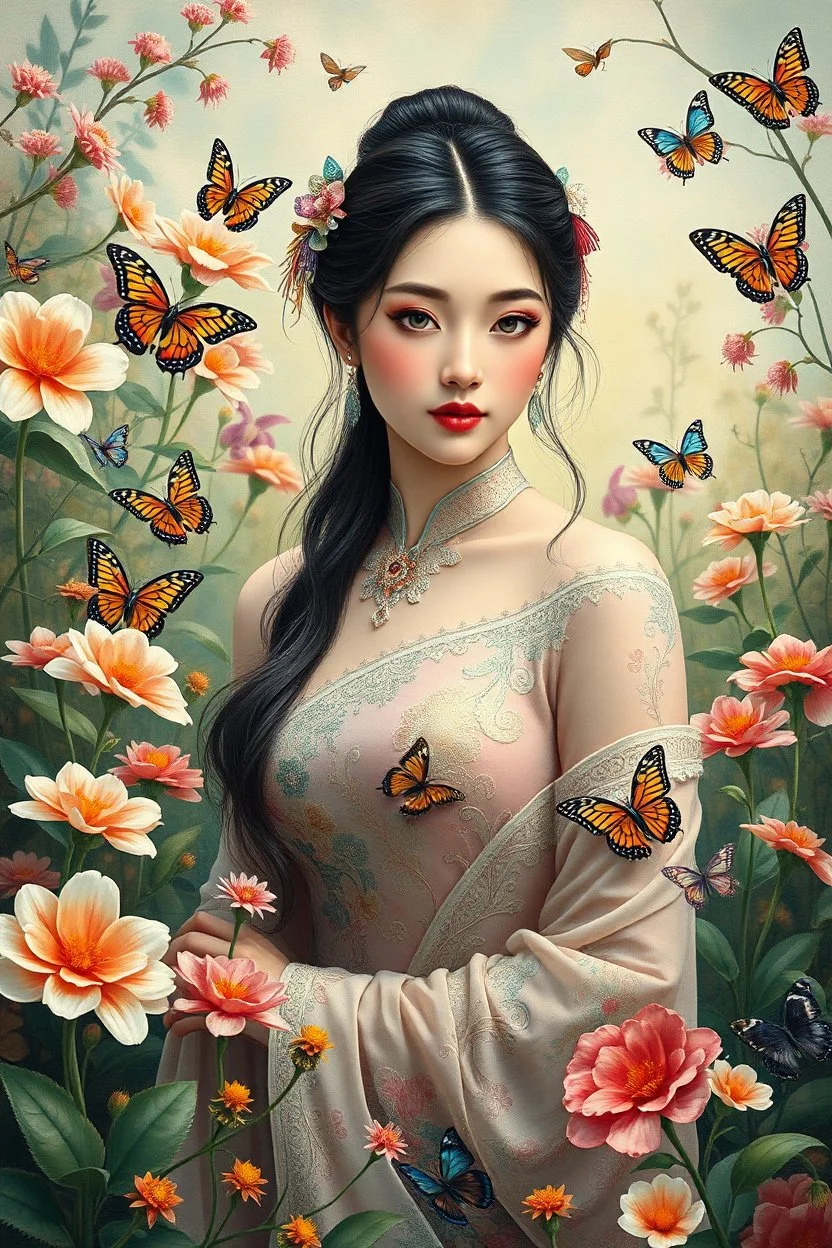 A very beautiful Chinese woman in the garden , unusual flowers, very cute, smooth, active sequins, colorful butterflies elegant fantasy, intricate, 8k, oil on canvas, beautiful, high detail, fantastic view, hyperrealistic, over-detailed, clear quality, colorful, artgerm, Alphonse Mucha, Catherine Abel. Catherine Welz Stein. Dmitry Vishnevsky. Gustav Klimt, R. Giger. Jacek Yerka. Josephine Wall, Carrie Ann Baade