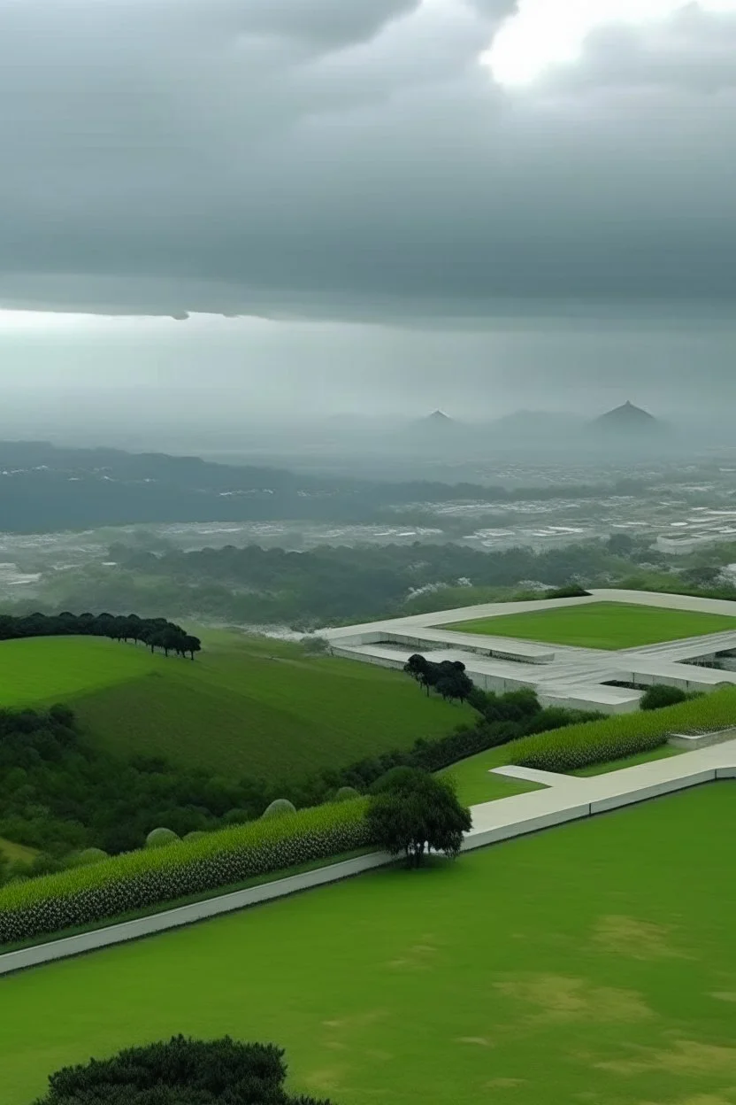 Upper view Islamabad Pakistan. A flight is flying and cloud are raining. Faisal Masque and Parliament House are visible. People are sitting on margalla Hills. Birds are flying and F9 Parks is also visibel