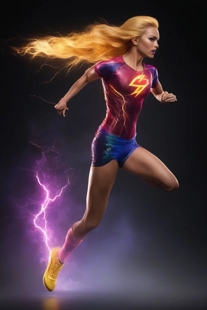 medium long shot, wide angle shot, full body, Barbie Allen aka The Flash, running, multicolored, atmospheric, beautiful, bright, vibrant colors, multicolored lightning, pitch-black background, Professional quality digital photograph, 4k UHD, Photorealistic, professional quality