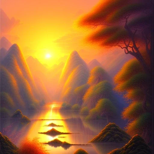 uma paisagem chinesa com rios e arvores, por do sol ao fundo, desenho a lapis, tons pastel, luz suave