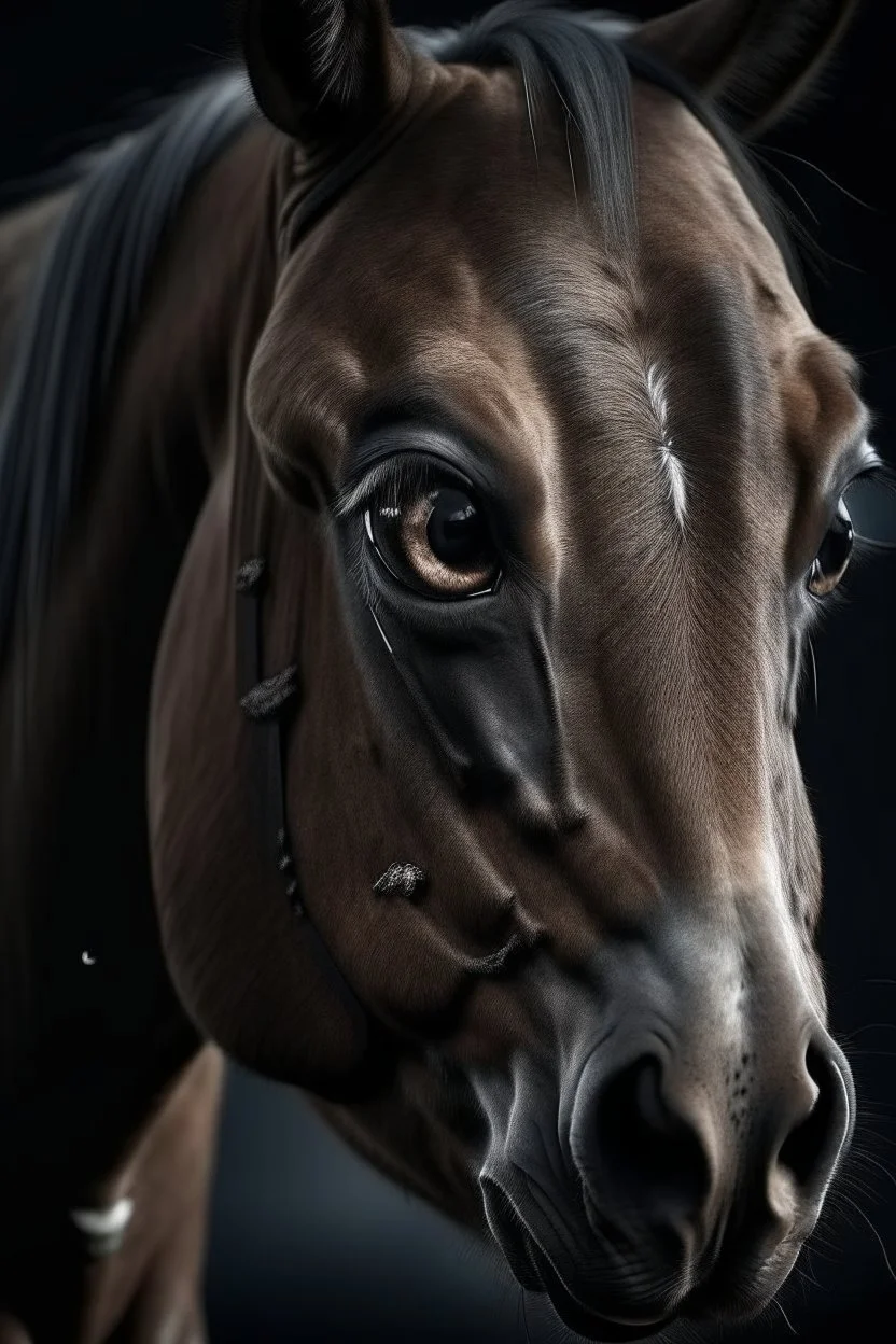 Horse with overly realistic human eyes, scary