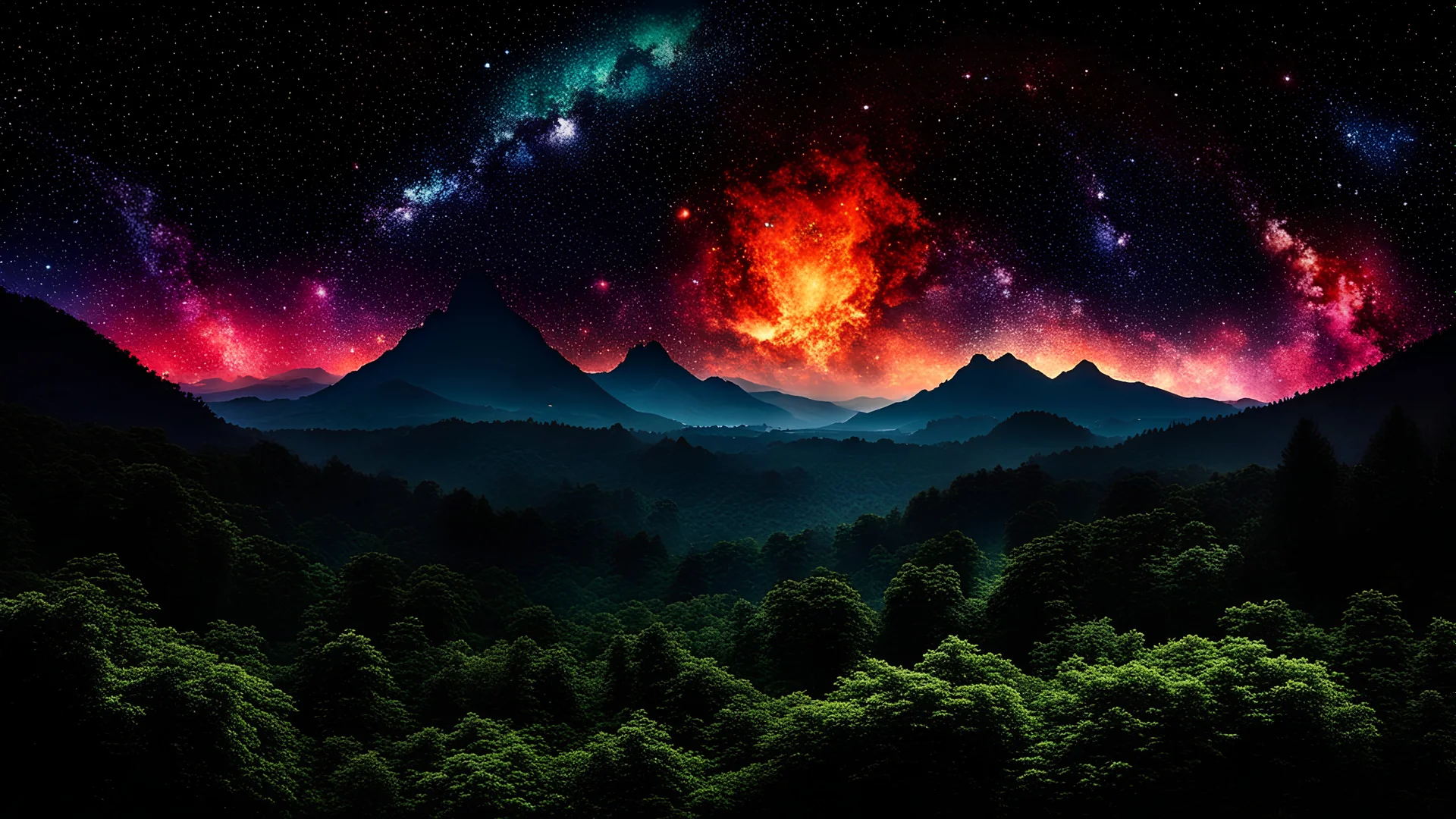 jamaika my dreams . In the garden my mind bows . mountains. space color is dark , where you can see the fire and smell the smoke, galaxy, space, ethereal space, cosmos, panorama.