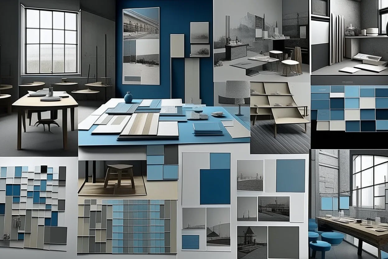 mood board for architectural graduation project and its a museum and the colors are blue and grey and the furniture for a paintings museum and show the color plates