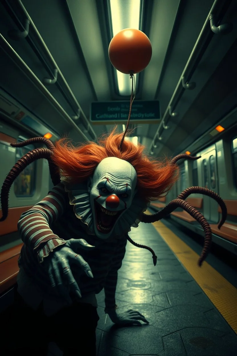 Horror Movie scene of a Clown centipede monster in the subway station, scary