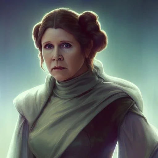 [[Carrie Fisher as Princess Leia]] :: [[sharp brown eyes, short hair, head and shoulders portrait, 8k resolution concept art portrait by Greg Rutkowski, Artgerm, WLOP, Alphonse Mucha, dynamic lighting, hyperdetailed, intricately detailed, trending on Artstation, triadic colors, Unreal Engine 5, volumetric lighting]]