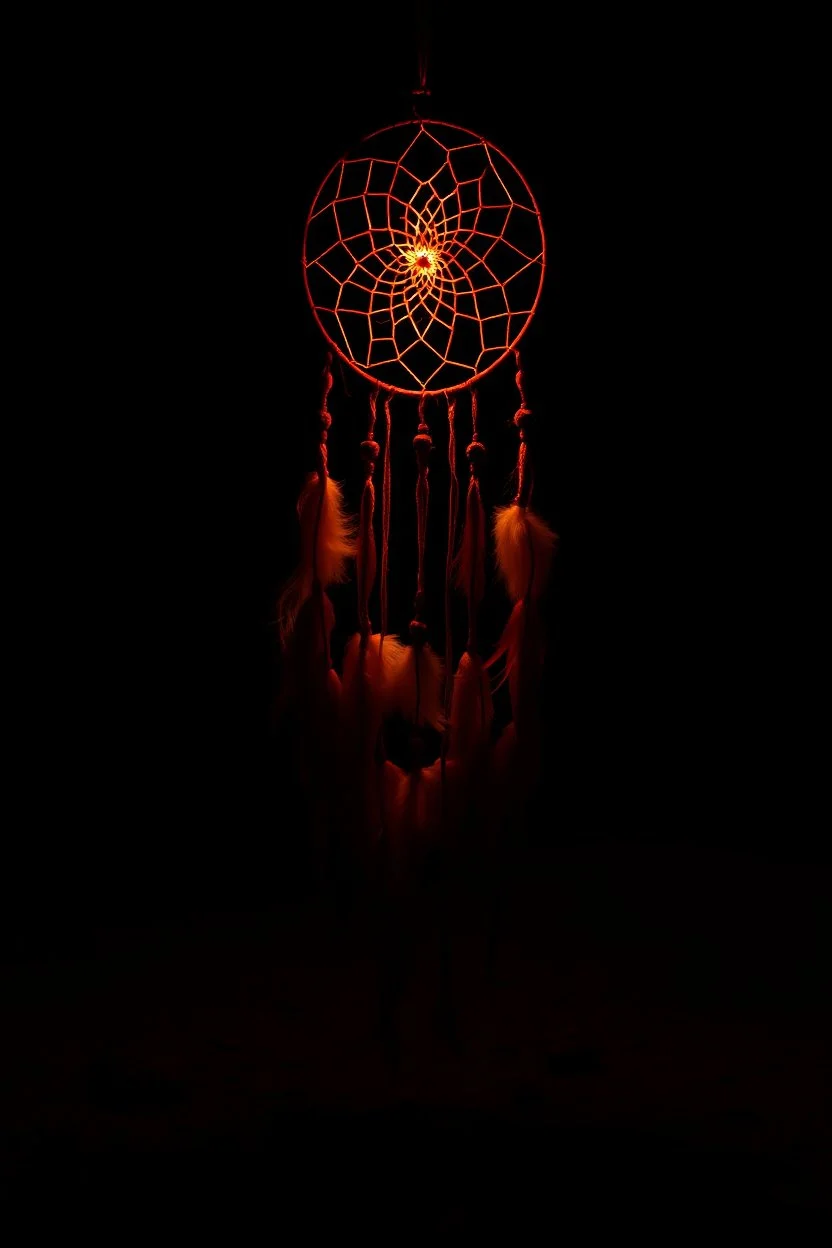 a dreamcatcher made of light, natural red tones, brown dirt ground long bottom, dark background