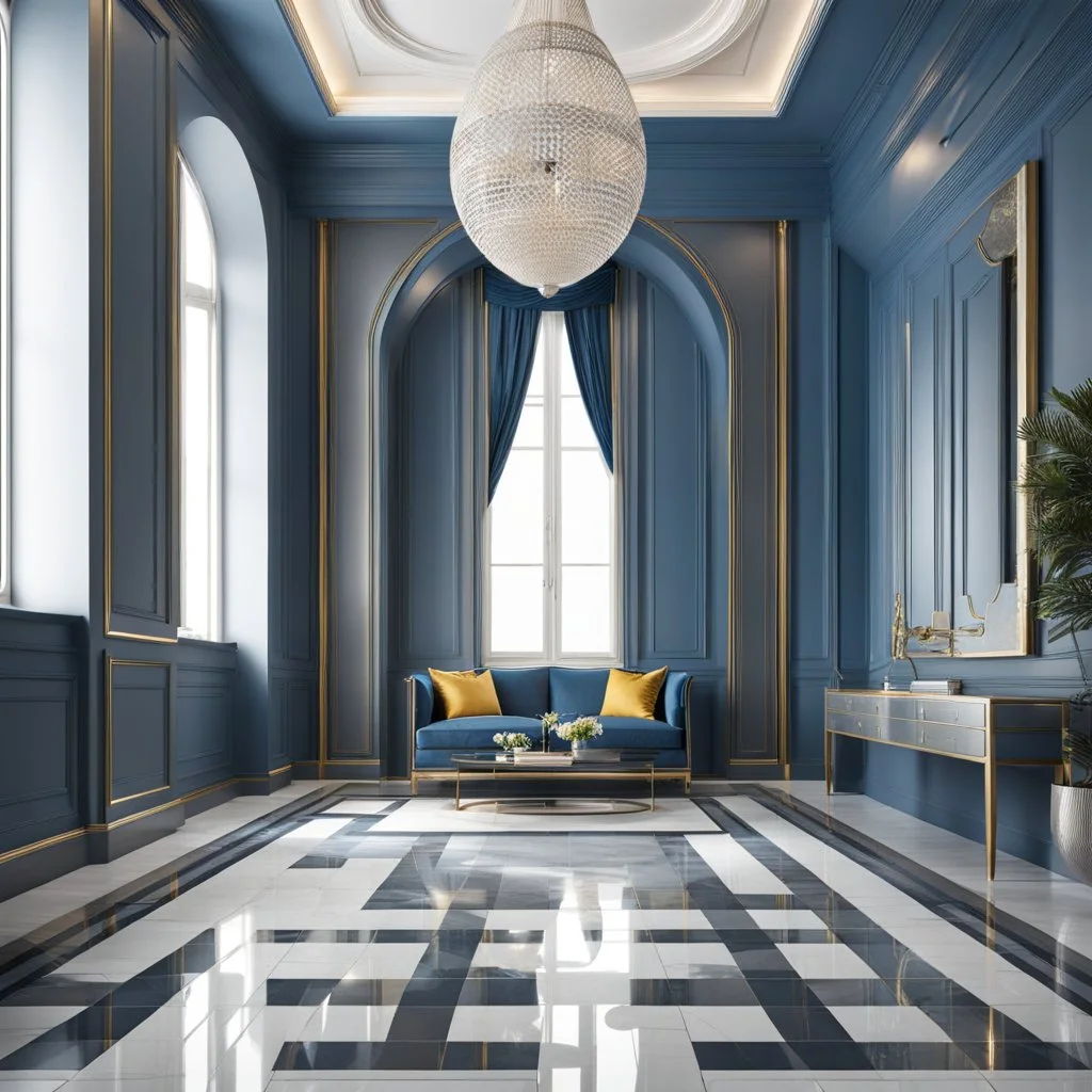 luxury hall ,tiled blue and gray large floor,