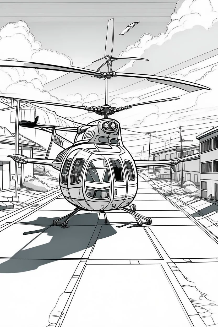 Outline art, no shading, helicopter on the road, cartoon style, black and white, low detail, --ar 9:11