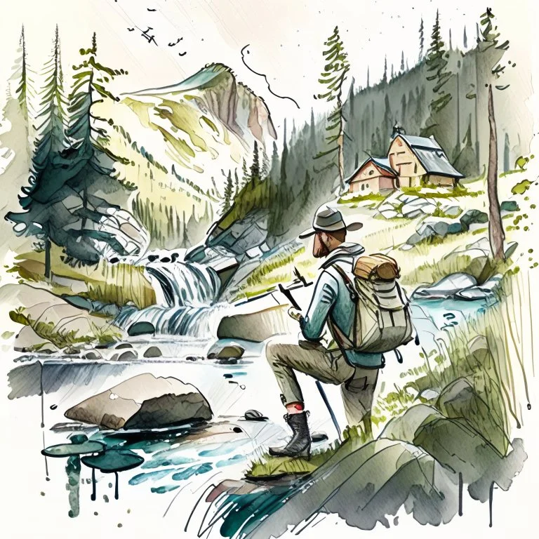 Illustrate a scene of an artist exploring the wonders of Norwegian nature, sketching, plain air amidst forests, waterfalls, and meadows, artistic style