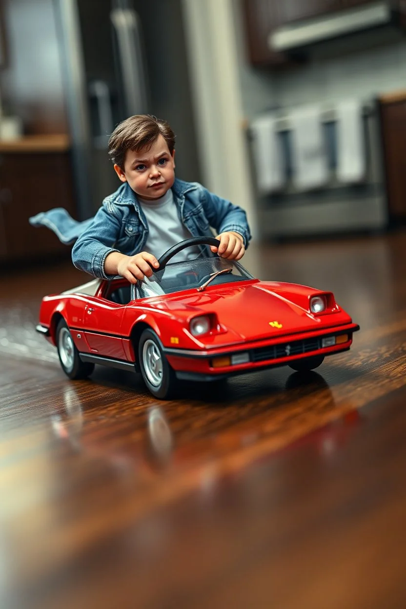 A tiny man, approximately 3 inches tall, is intensely driving a vintage, deep-red die-cast toy sports car (e.g., a miniature Ferrari Testarossa) across a highly polished dark wood kitchen floor. The man is gripping the miniature steering wheel, his expression one of focused determination and slight panic. He is wearing casual fashion: slightly distressed dark-wash jeans, a white crew-neck t-shirt, and a light-wash denim jacket that is flapping dramatically in the speed-induced wind. The tiny car