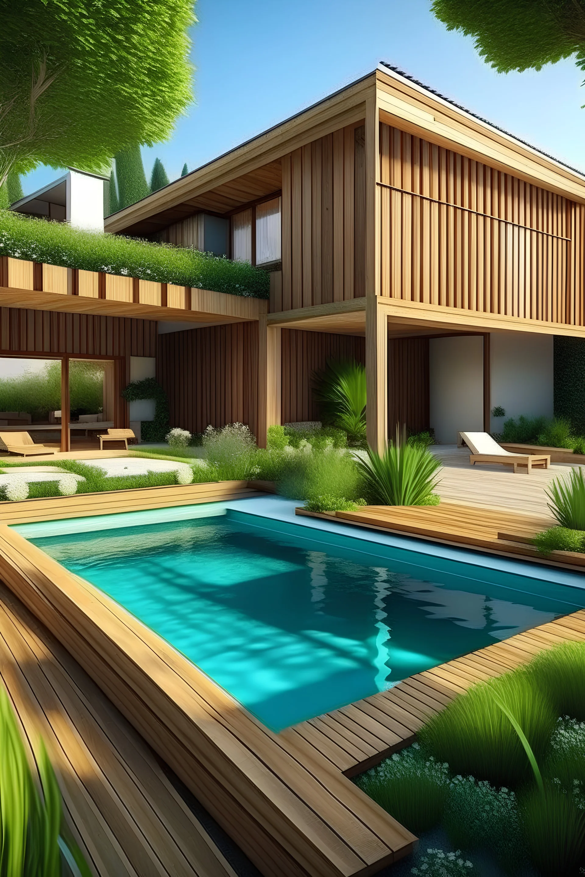 Generate a big backyard around a house made out of wood. The backyard needs to be of about 250 squared meters. With vegetation, wood and a pool