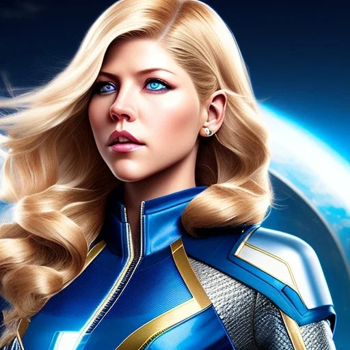 Katheryn Winnick, Cyborg anime warrior, marvel captain, light blonde short hair, pixie hairstyle, cobalt eyes, waist up portrait, 8k resolution, retroanime, intricate details, neon details, soft lighting, vibrant colors, masterpiece, intricate eyeliner, dark eyeshadow, eyes, intricate tattoos, gradient background