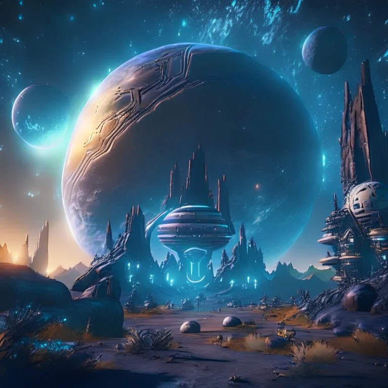 extremly detailed fantasy sci fi landscape with interesting object and buildings, beatiful starry night sky, planets on background, unreal engine 5, 8k resolution, photorealistic, ultra detailed