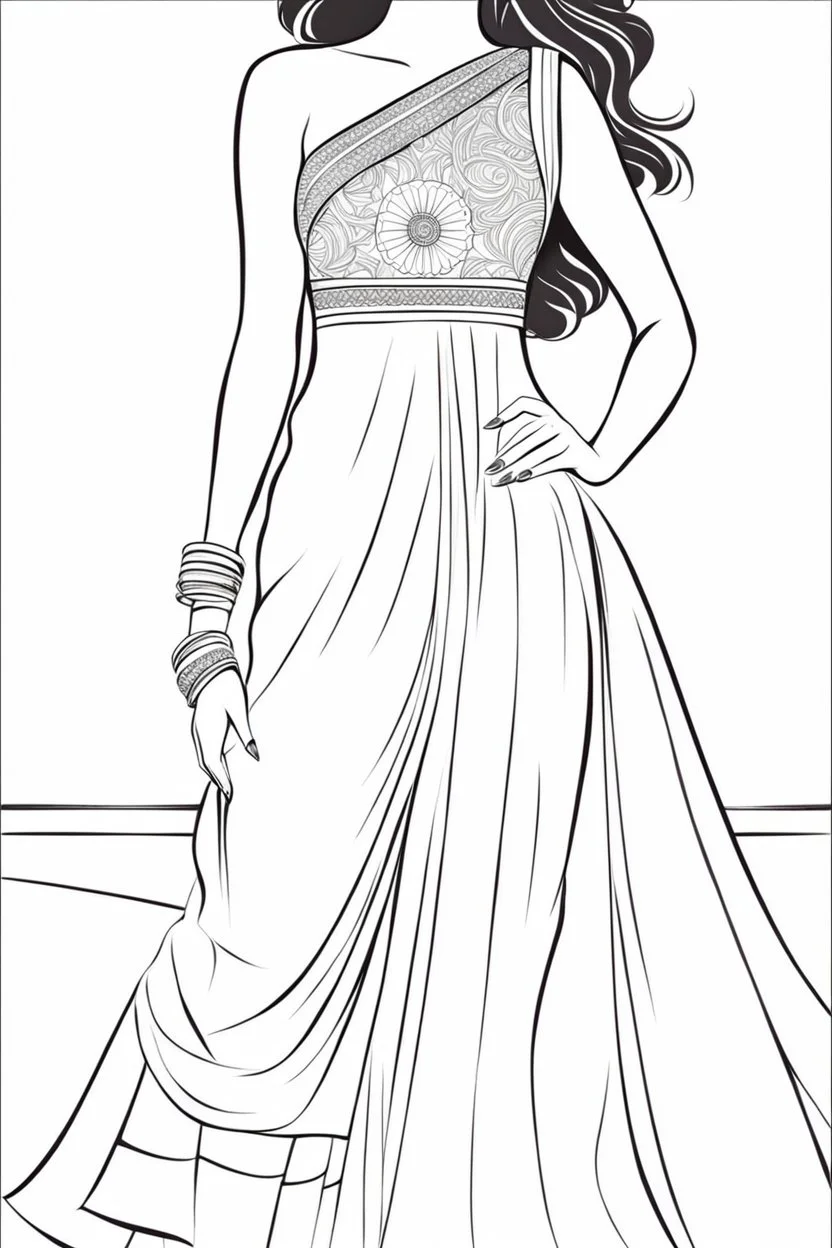 Coloring page for adults of a elegant fashion model woman wearing hindi dress, dynamic poses, full body portrait, thick and clean lines, clean details, no-color, no-turban, no-background, non color, non shading, no-grayscale, dynamic poses, full body portrait, thick and clean lines, clean details, no-color, no-turban, , non background, non color, non shading, no-grayscale, no color hair