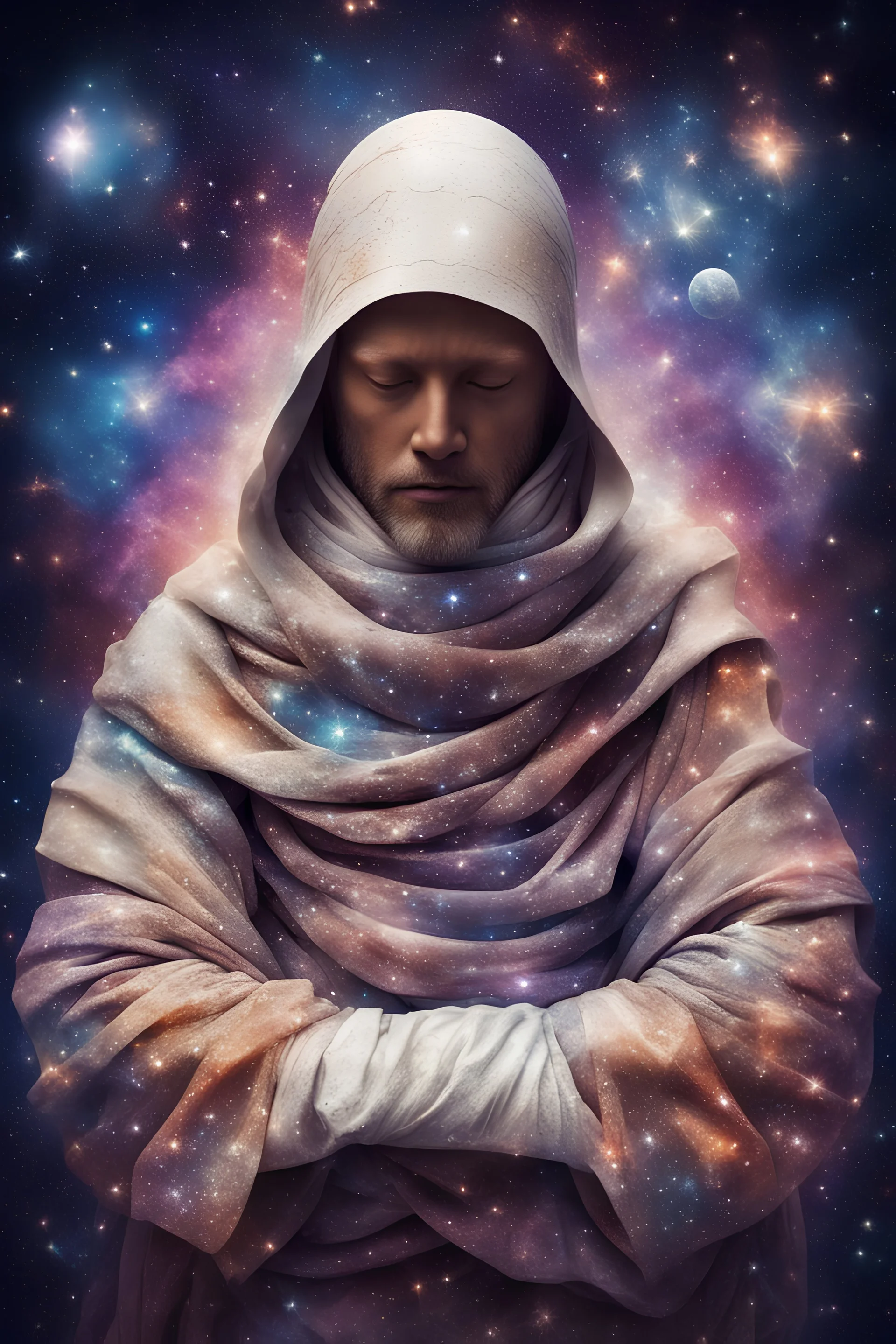 A monk wrapped completely in bandages, galaxies and stars visible trough unbandaged parts, kaleidoscope background