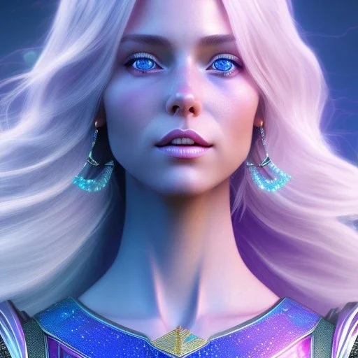 A portrait of a full body crystalised blue pink queen,smiling face, blue eyes, long blond hair, atmospheric, realistic, unreal engine, lighting