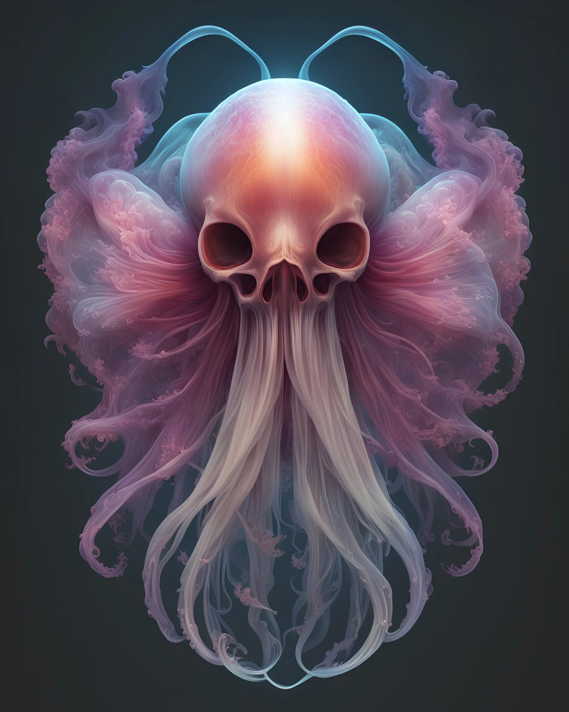 T-shirt format,jellyfish phoenix head, nautilus, orchid, skull, betta fish, bio luminiscent creatures, octane render, very coherent symmetrical artwork. cinematic, hyper realism, high detail, octane render, 8k, cursed photo editon, concept art, cursed photo portrait