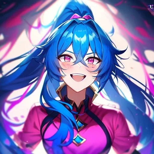 Clear focus, 8k, beautiful lighting, vibrant colors, girl, blue hair, long hair, vibrant pink eyes, ponytail, messy hair, hair in between the eyes, laughing, angry,