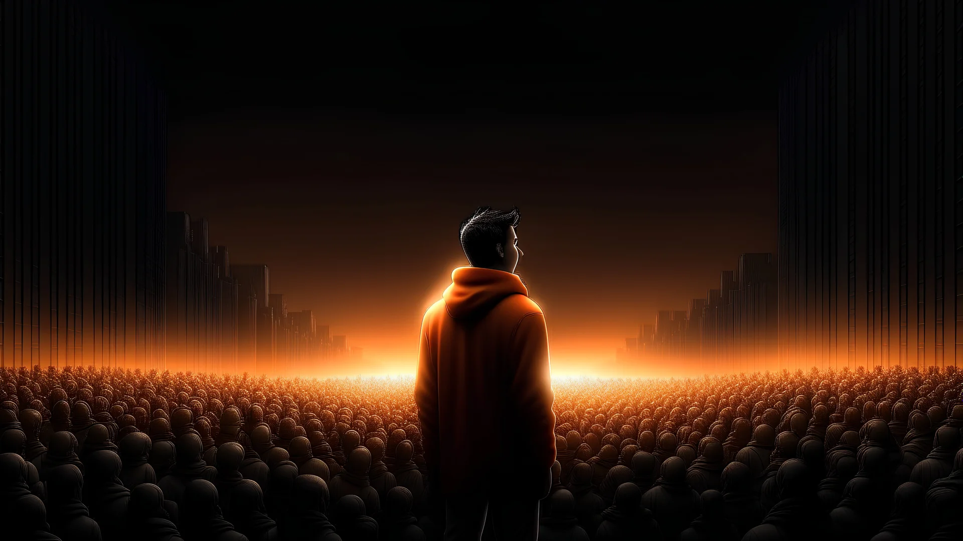 a young man standing looking from afar towards the high wall, face,high detail, smooth render, city scenery, many people, full body, down-light, orange dark winter, ar 16:9