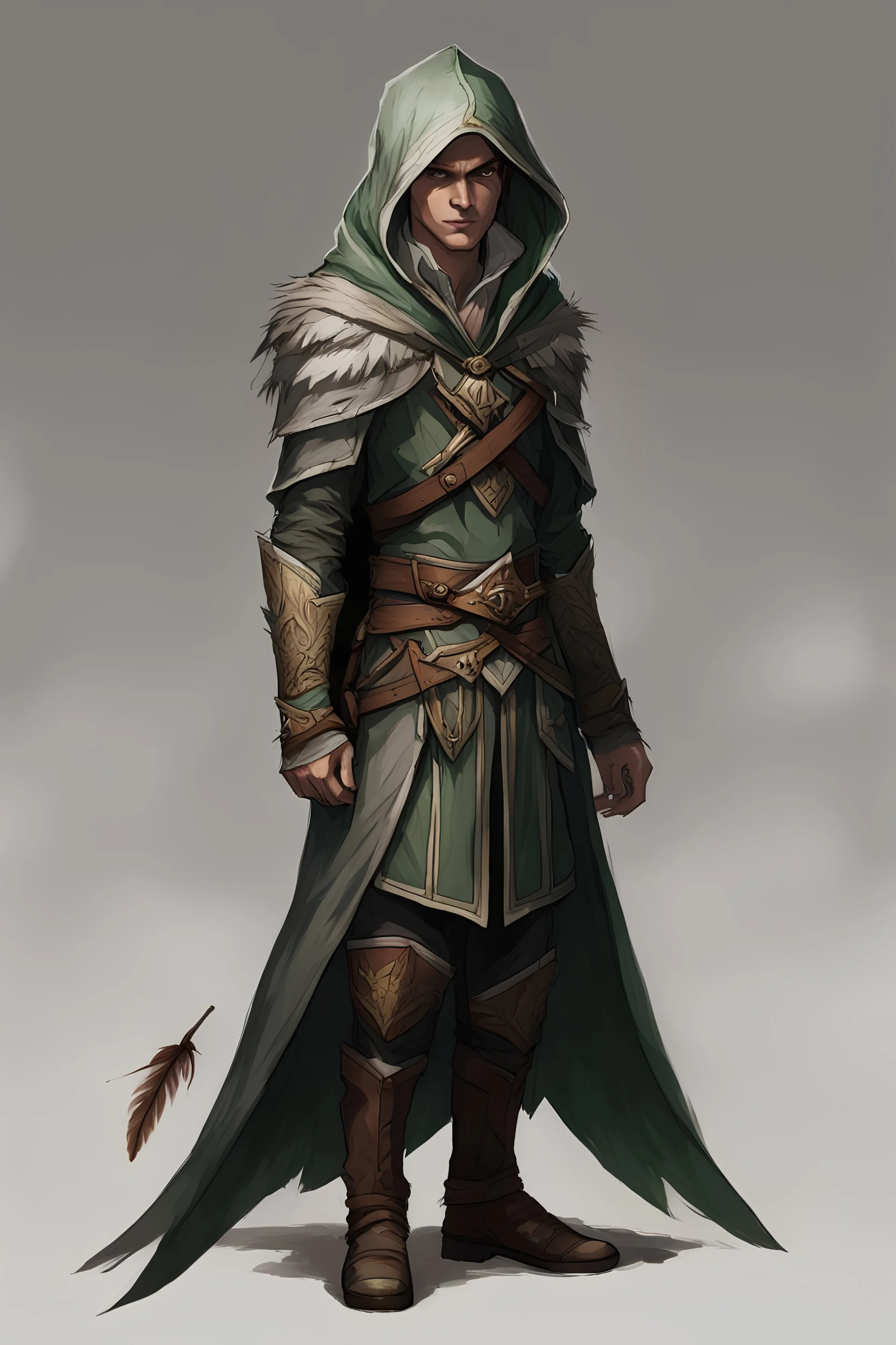 male high elf ranger wearing a leather jerkin and a gray and green hooded cloak, with a mantle of brown owl feathers, full body