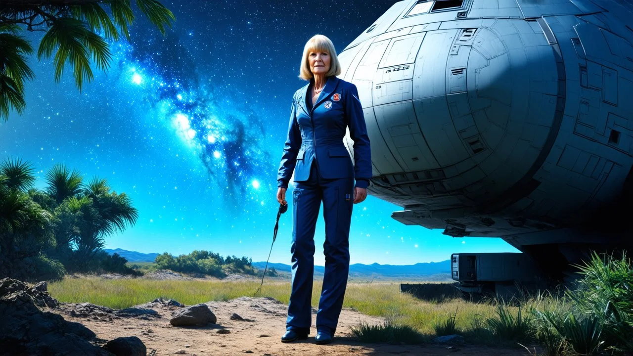 A photorealistic image of an adventurous, slender, older woman from the future, dressed in a tailored, full-body spacesuit, stands proudly beside her huge cargo spaceship. Her uncombed, blond hair has bangs. Standing in a jungle clearing. The scene is framed by a cosmic expanse of stars and nebulas.