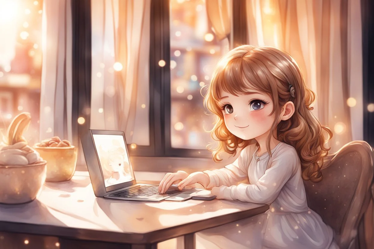 cute chibi light brown haired girl sitting in a dessert shop, working on a laptop, satin curtains, blur 5% in the sunshine, watercolor and black ink outlines, sparkling golden glitter, ethereal, cinematic postprocessing, bokeh, dof