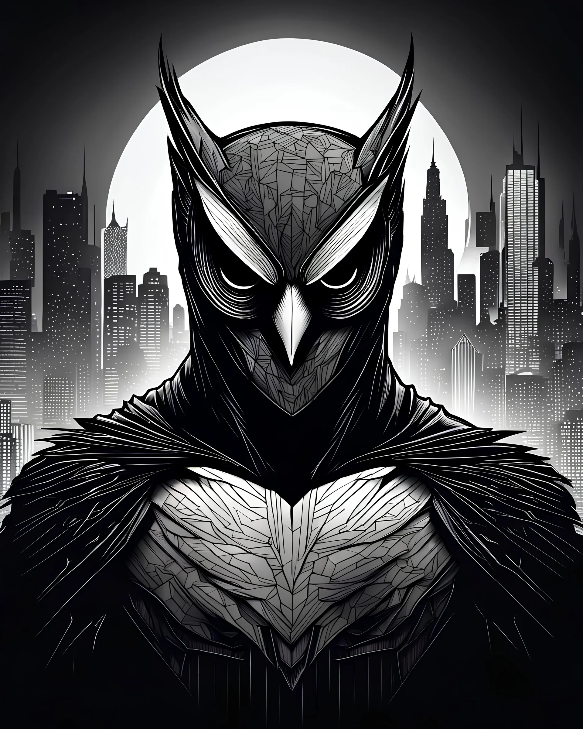 Owlman linear image, black and white color fondo ciudad